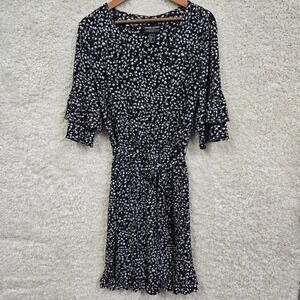 Frank Lyman Floral Ruffle Dress Womens 10 Black White Bell Sleeve V-Neck Canada‎